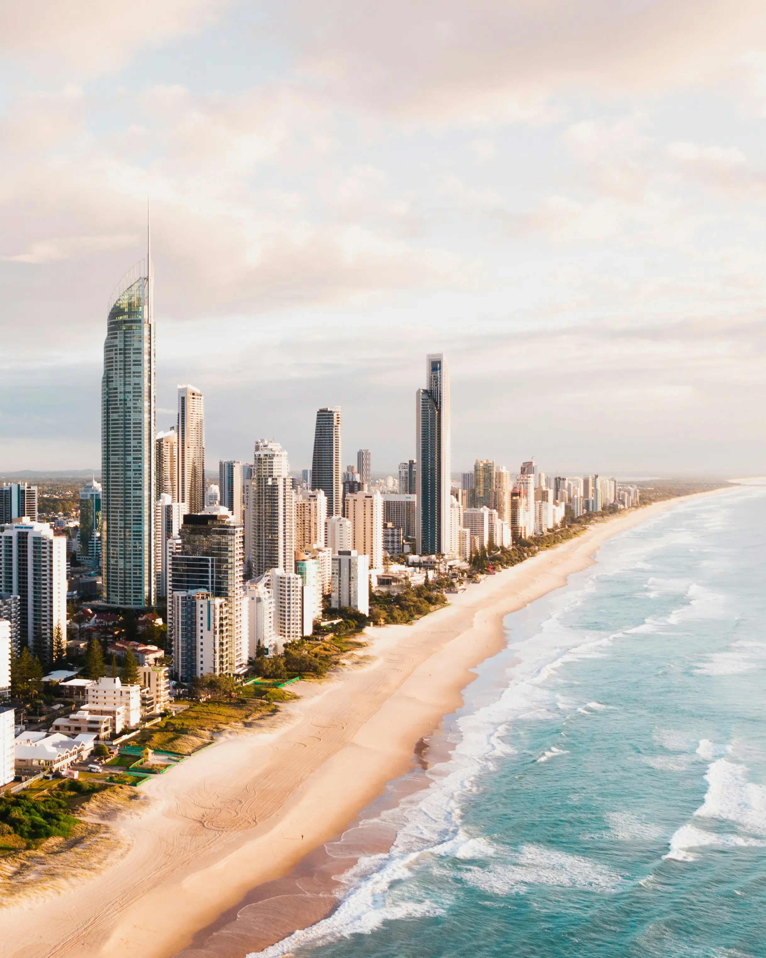 Gold Coast beach and high-rise skyline.